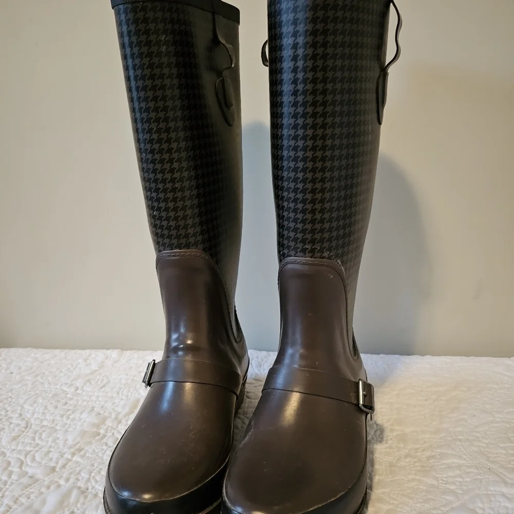 LL BEAN Wellie Tall, Black & Brown Houndstooth, Waterproof Rain Boots 9.5/10